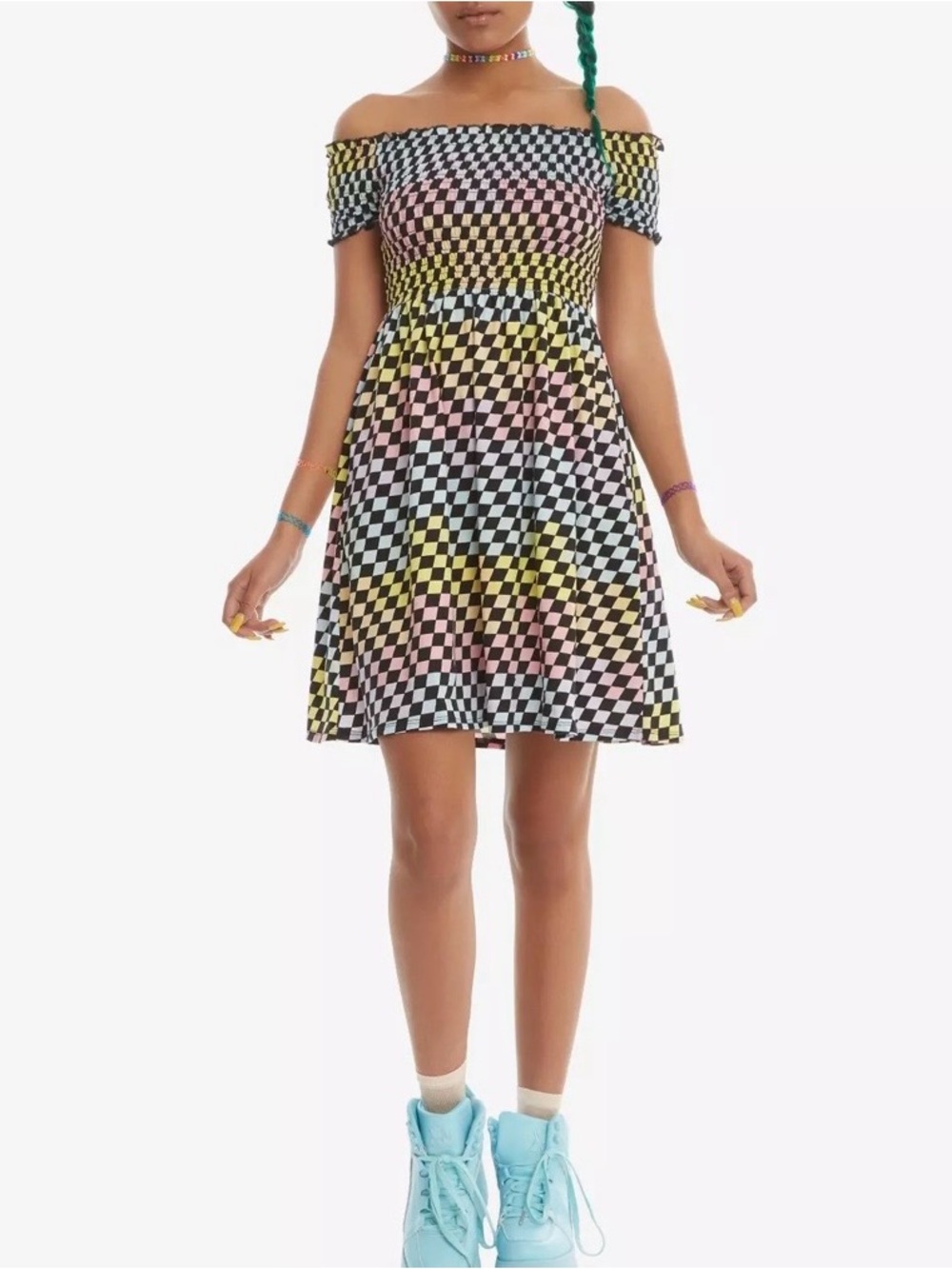 Hot Topic Rainbow Checkerboard Smocked Dress S Kidcore Y2K Pastel Goth Pockets